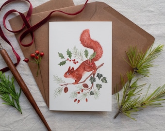 Christmas squirrel greeting card - Illustrated woodland animal and botanical postcard