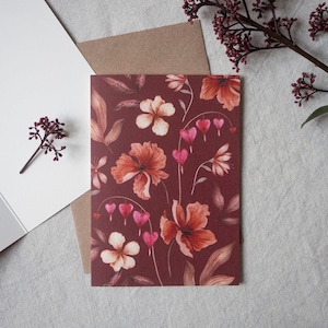 Valentines greeting card - Botanical floral watercolor Illustration postcard - bleeding heart flowers and poppies