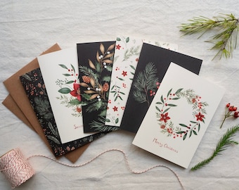 Botanical Christmas card set - pack of 6 illustrated xmas greeting cards