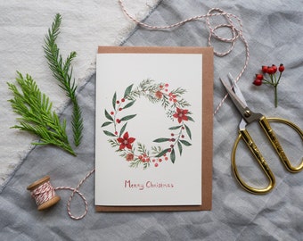 Christmas wreath greeting card - Illustrated botanical postcard