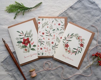 Ensemble de cartes de Noël botaniques - pack de 3 cartes de vœux de Noël illustrées - blanc cassé