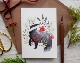 Christmas badger greeting card - Illustrated woodland animal and botanical postcard