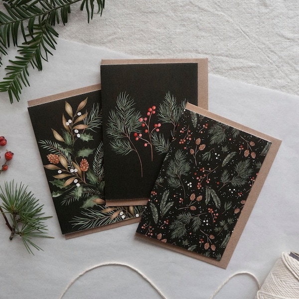 Ensemble de cartes de Noël botaniques - pack de 3 cartes de vœux de Noël illustrées