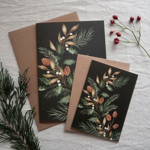 Tarjeta de felicitación navideña con ramas doradas y verdes - Postal botánica ilustrada