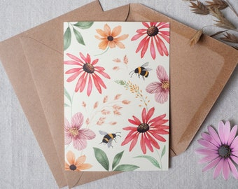 Summer flowers and bumble bees greeting card - Seasonal botanical illustration - Floral watercolor postcard