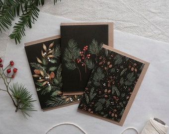 Botanical Christmas card set - pack of 3 illustrated xmas greeting cards