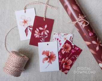 Printable floral gifttags - Botanical flower illustration tags - DIY gift wrapping labels - Instant download PDF