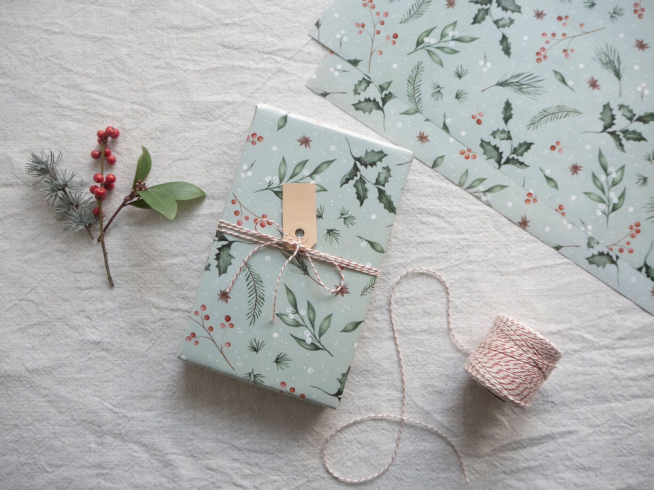 Christmas Wrapping Paper Botanical Pattern Green Holly and - Etsy