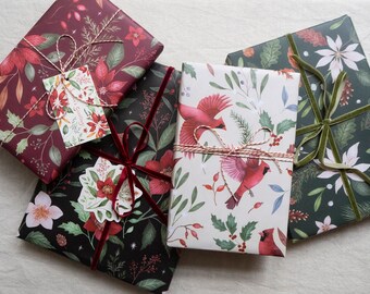 Christmas Wrapping Paper set - Botanical patterns - Pack of 4 recyclable giftwrap sheets