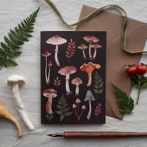 Carte de vœux dillustration daquarelle de champignon carte postale de champignons peinte à la main mini impression dart A6 image 1