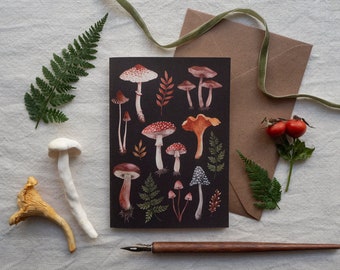 Biglietto di auguri con illustrazione dell'acquerello dei funghi - Cartolina di funghi dipinta a mano - Mini stampa artistica A6