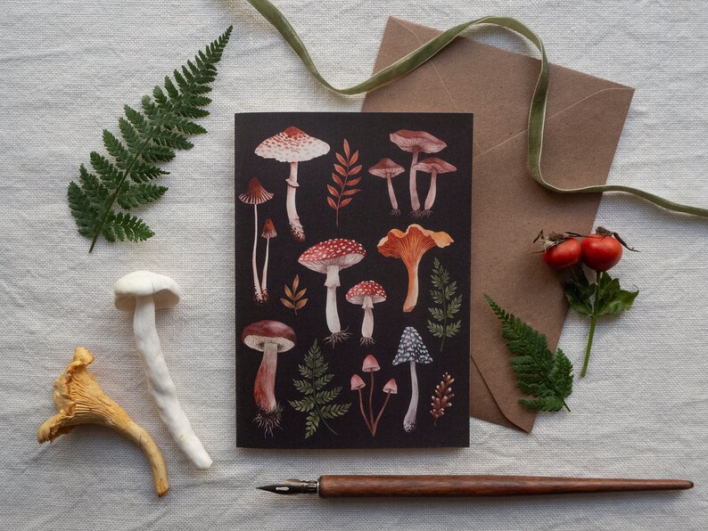 Carte de vœux dillustration daquarelle de champignon carte postale de champignons peinte à la main mini impression dart A6 image 1