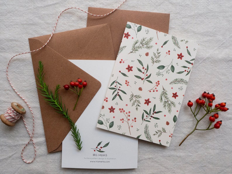 Christmas pattern greeting card Illustrated botanical postcard cream white image 2