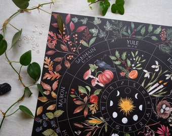 Wheel of the year - Pagan holiday calendar - Botanical art print - Moon phase Poster - Zodiac signs - Wicca