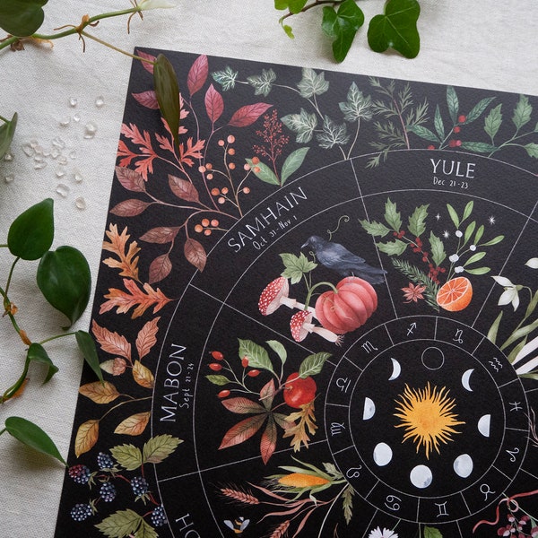 Wheel of the year - Pagan holiday calendar - Botanical art print - Moon phase Poster - Zodiac signs - Wicca