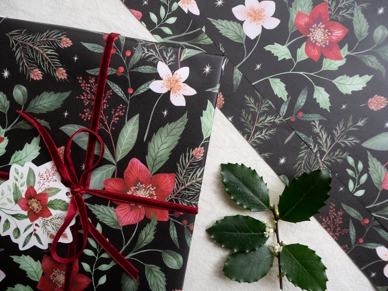 Christmas Wrapping Paper Set Botanical Patterns Pack of 4 - Etsy