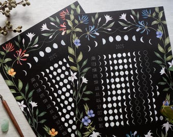 May include: Two black and white moon phase calendars with floral illustrations. The calendars are for the year 2025 and show the phases of the moon for each month. The illustrations feature white flowers, green leaves, and blue flowers.