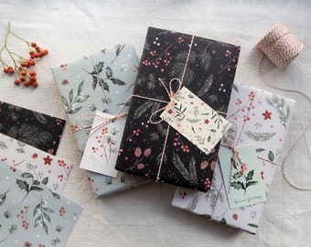 Christmas Wrapping Paper pack - Botanical patterns - Set of 3 recyclable giftwrap sheets