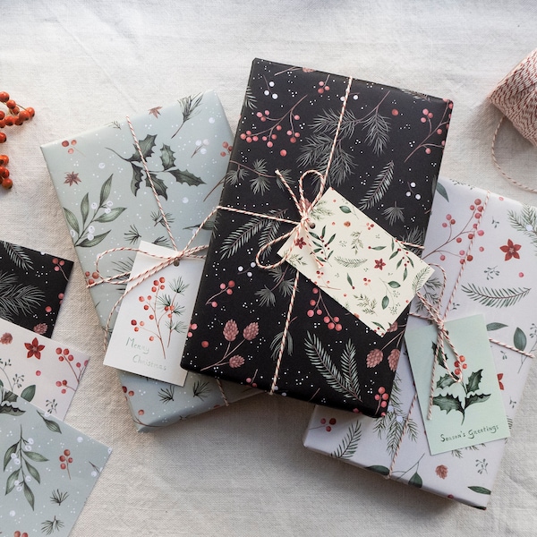 Christmas Wrapping Paper pack - Botanical patterns - Set of 3 recyclable giftwrap sheets