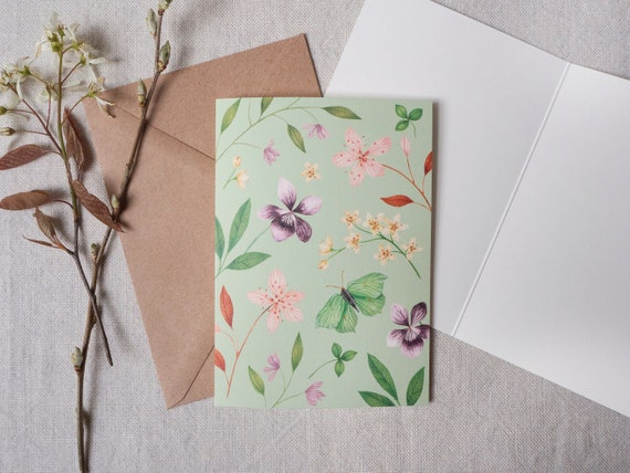 Botanical Spring greeting card - Seasonal flowers and moth illustration - Floral watercolor postcard - Easter celebration