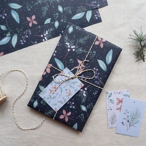 Winter Night Wrapping Paper - Snowy Giftwrap - Botanical pattern - Winter twigs and flowers