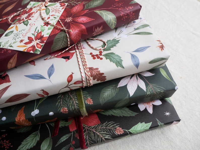 Christmas Wrapping Paper Set Botanical Patterns Pack of 4 - Etsy