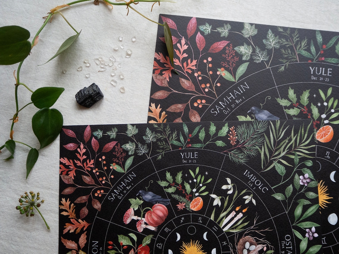 Wheel of the Year Pagan Holiday Calendar Botanical Art Print Moon Phase