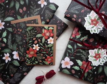 Christmas gifting set - Dark botanical patterns - Pack of matching xmas greeting cards, wrapping paper, gift tags and ribbon