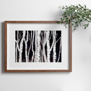 Nachtelijke berkenboom boskunstprint - Botanische muurkunst - Aquarel en lijnillustratie - Natuurposter
