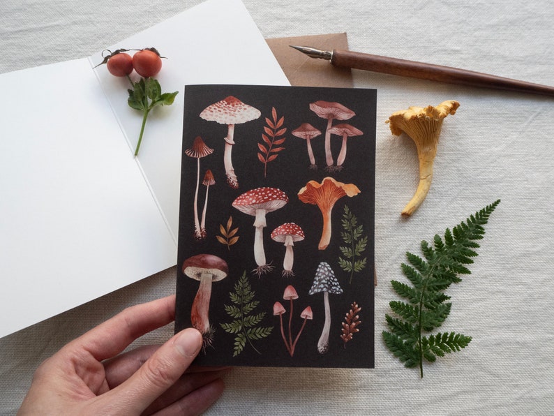 Carte de vœux dillustration daquarelle de champignon carte postale de champignons peinte à la main mini impression dart A6 image 3
