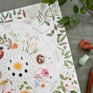 Roue de l'année - Blanc - Calendrier païen de vacances - Impression d'art botanique - Poster des phases de la lune - Signes du zodiaque - Wicca
