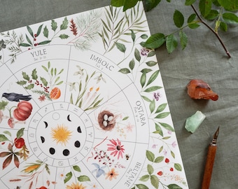 Roda do Ano - Branca - Calendário Pagão - Impressão de Arte Botânica - Pôster das Fases da Lua - Signos do Zodíaco - Wicca