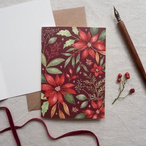 Weihnachtsstern Grußkarte - Illustrierte botanische Postkarte - Rot und Grün