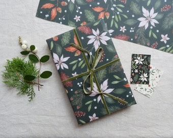 Christmas Wrapping Paper - Botanical pattern - Poinsettia, mistletoe and acorns giftwrap - Dark green