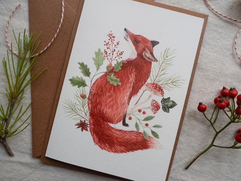 Christmas fox greeting card Illustrated woodland animal and botanical postcard image 2