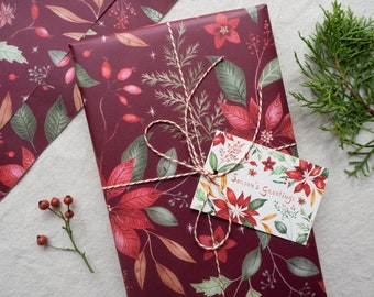 Christmas Wrapping Paper - Botanical pattern - Poinsettia, skimmia and other branches - Red, green and gold