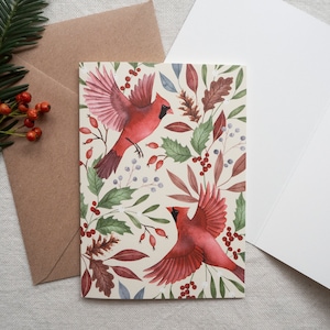 Carte de vœux des oiseaux cardinaux de Noël - Carte postale botanique illustrée - Aquarelle Carte de Noël avec enveloppe