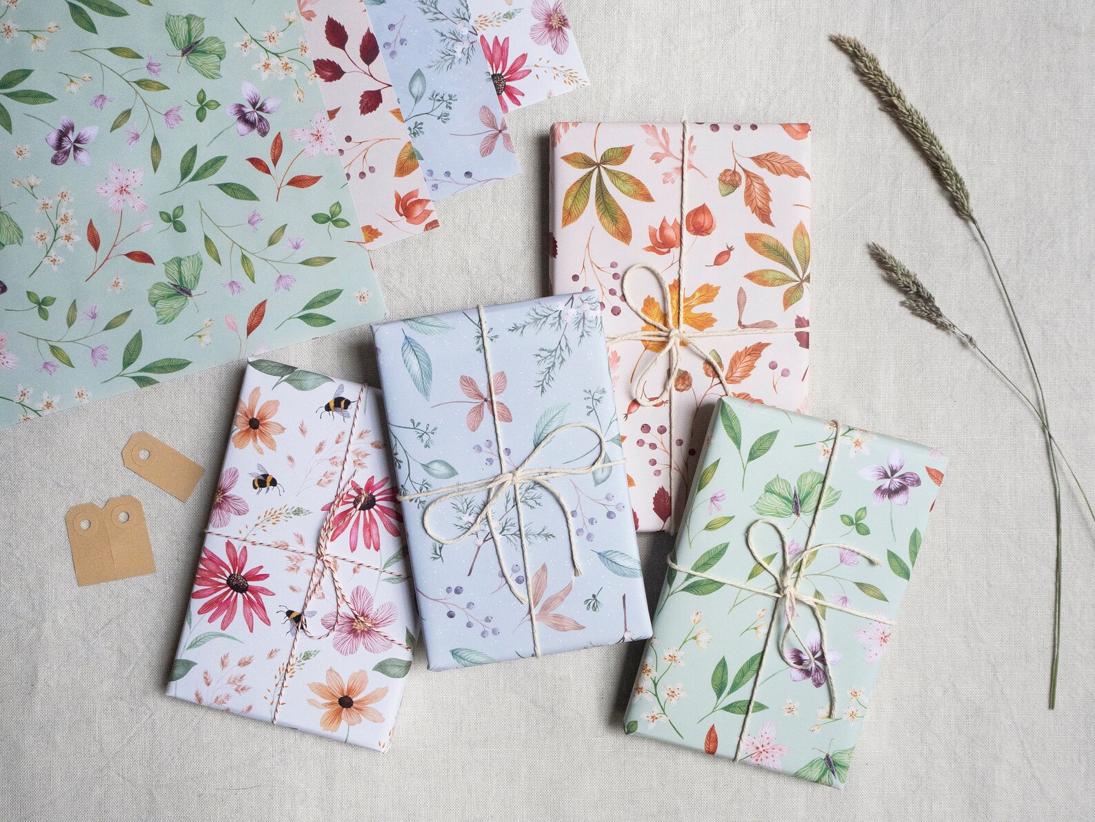 Botanical Nature Wrapping Paper Set Four Seasons Giftwrap Sheets