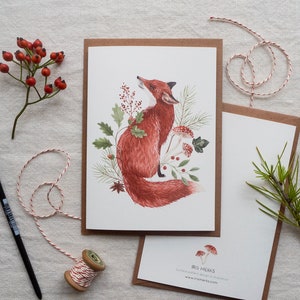 Christmas fox greeting card Illustrated woodland animal and botanical postcard image 3