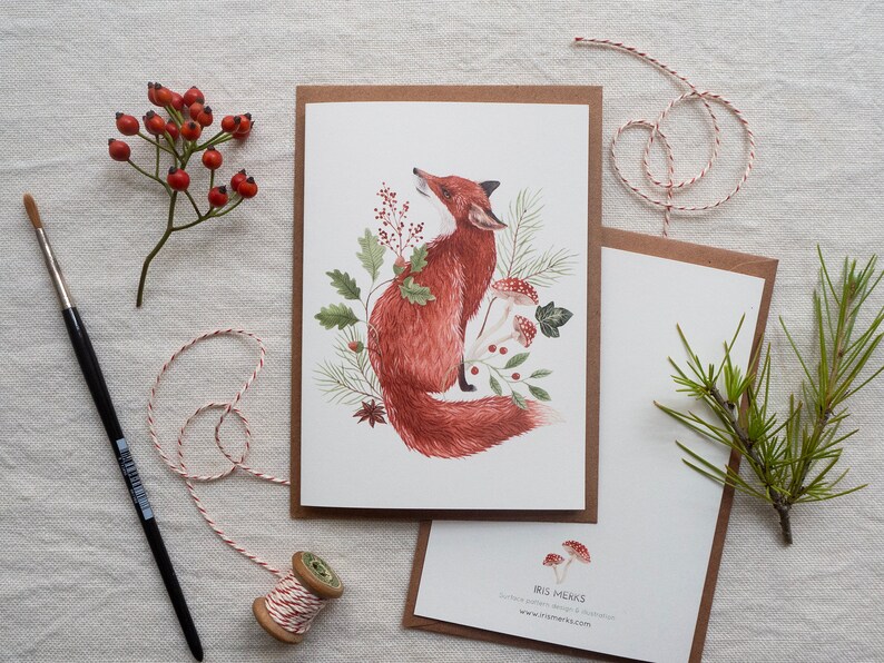 Christmas fox greeting card Illustrated woodland animal and botanical postcard image 3