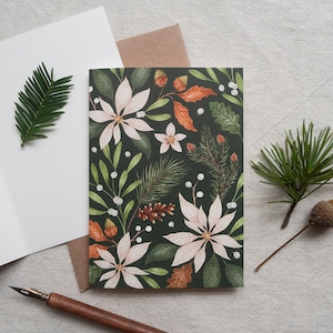 Biglietto d'auguri natalizio Poinsettia - Cartolina botanica illustrata - Bianco e verde scuro