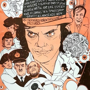 May include: A colourful illustration of a man wearing a bowler hat with a large, expressive face. The illustration is surrounded by other figures, including a woman with a large, curly hairstyle, a man with a moustache, and a man with a crown. The text "OH BLISS! BLISS AND HEAVEN! OH! IT WAS GORGEOUSNESS AND GORGEOUSITY MADE FLESH IT WAS LIKE A BIRD OF RAREST-SPUN HEAVEN METAL OR LIKE SILVERY WINE FLOWING IN A SPACESHIP GRAVITY ALL NONSENSE NOW AS ISLOOSHED I KNEW SUCH LOVELY PICTURES" is written in a bold, stylised font.