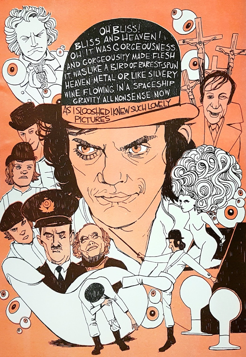 May include: A colourful illustration of a man wearing a bowler hat with a large, expressive face. The illustration is surrounded by other figures, including a woman with a large, curly hairstyle, a man with a moustache, and a man with a crown. The text "OH BLISS! BLISS AND HEAVEN! OH! IT WAS GORGEOUSNESS AND GORGEOUSITY MADE FLESH IT WAS LIKE A BIRD OF RAREST-SPUN HEAVEN METAL OR LIKE SILVERY WINE FLOWING IN A SPACESHIP GRAVITY ALL NONSENSE NOW AS ISLOOSHED I KNEW SUCH LOVELY PICTURES" is written in a bold, stylised font.