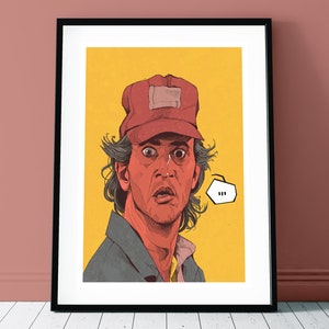 May include: A man with a surprised expression wears a red cap and a blue shirt. He is looking to the left of the image. A speech bubble with three dots is above his head.