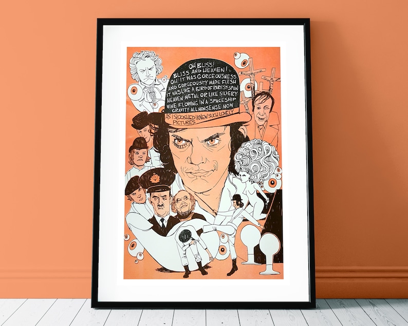 May include: A colourful illustration of a man wearing a top hat with a large, expressive face. The illustration is surrounded by other figures and text, including the words "Oh Bliss! Bliss and Heaven!" and "Gravity All Nonsense Now".
