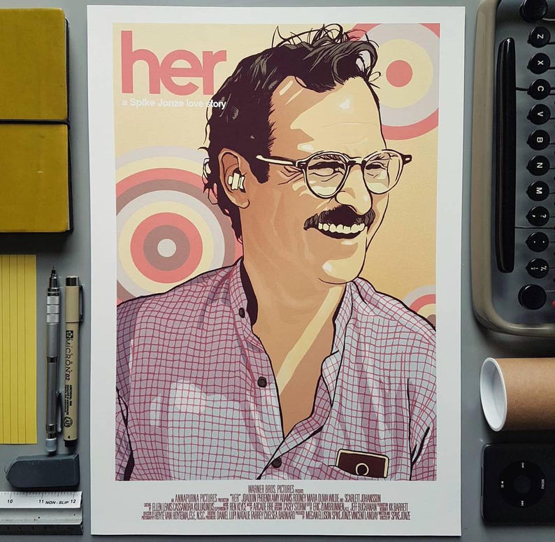 May include: A movie poster for the film "her" featuring a man with a mustache and glasses. The poster has a pink, white, and gray color scheme with a circular pattern in the background. The text "her" is in large, white letters at the top of the poster. The text "a Spike Jonze love story" is in smaller, white letters below the title.