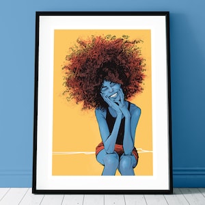 Puede incluir: Una ilustración digital de una persona con piel azul y un gran afro rizado. La persona está sentada con las manos en las mejillas y sonriendo. El fondo es de color amarillo.