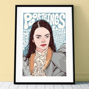 May include: A blue and white illustrated movie poster for the film "Poor Things" featuring Emma Stone, Willem Dafoe, Mark Ruffalo, and Ramy Youssef. The poster features a stylized illustration of Emma Stone's character.