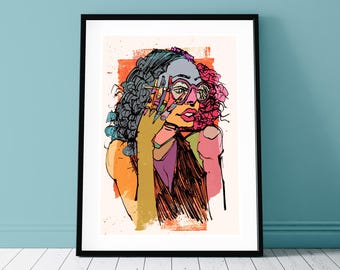 Woman with sunglasses, portrait illustration - signed print