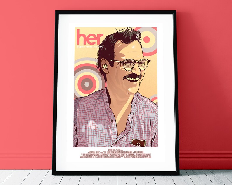 May include: A minimalist movie poster for the film "her" featuring a close-up of Joaquin Phoenix as Theodore Twombly. The poster has a yellow background with a red, white, and gray circular pattern. The text "her" is in a bold, white font.